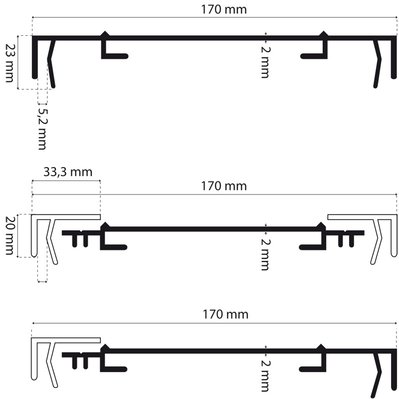 Standard-Profil für Leuchtkästen, 170 mm breit, mit einem Abdeckrahmen eloxiert