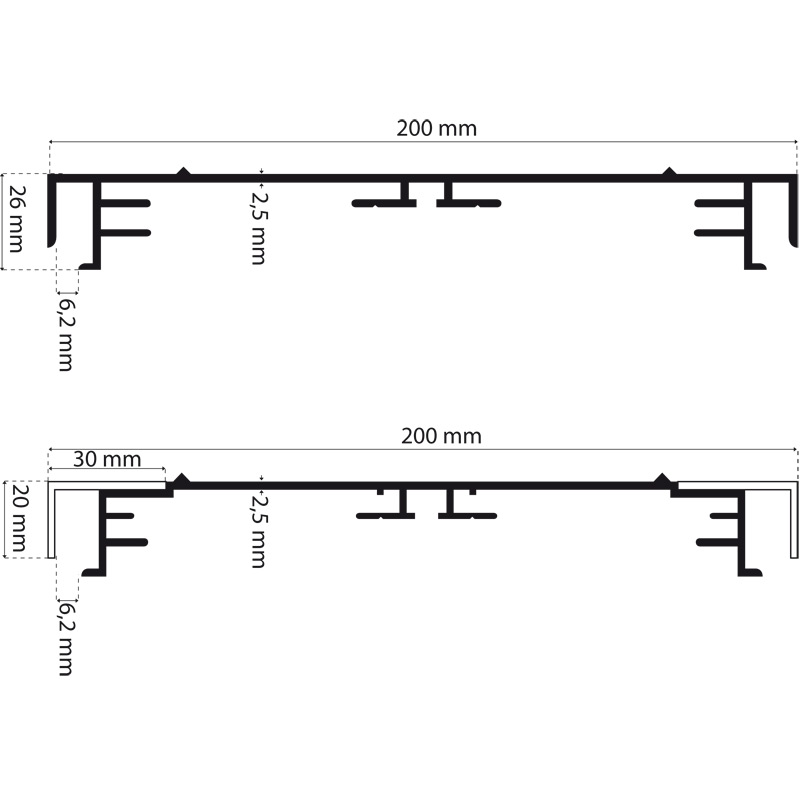 Standard-Profil für Leuchtkästen, 200 mm breit, ohne Standard/Softline-Abdeckrahmen eloxiert