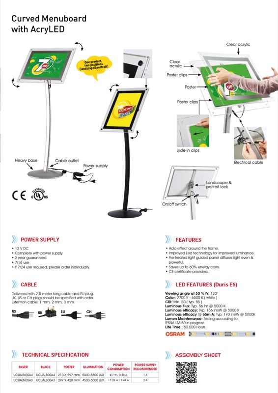 Menu board with led a3 silver curved leg