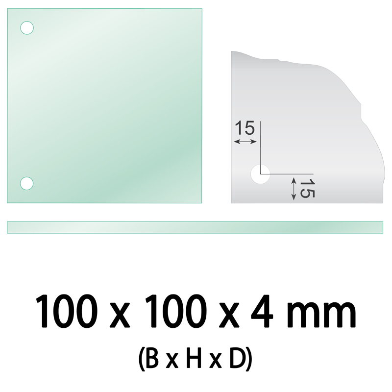 Float glass 100 x 100 x 4 mm 2 holes 10 mm